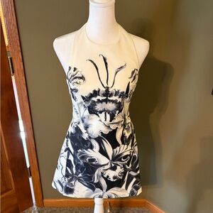 Lulu's Cream and Black Backless Floral Halter Dress